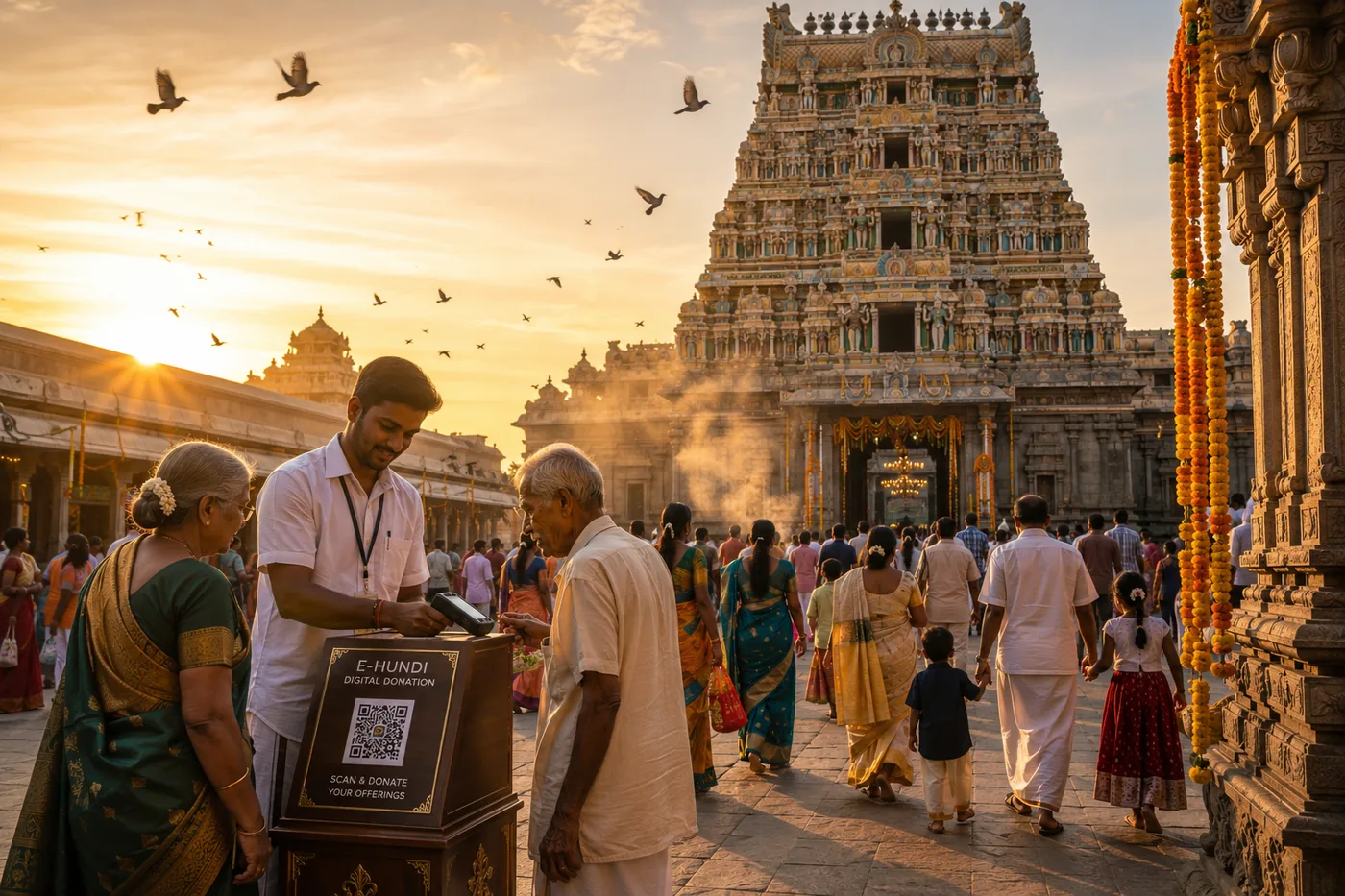 Devotees using an E-Hundi donation service during a temple festival
