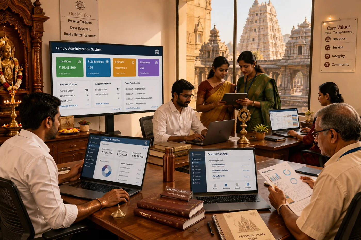Temple Administration Software streamlining donations, accounting, and temple operations.