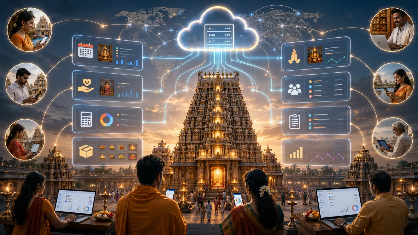 Cloud-connected temple administration across branches and teams.