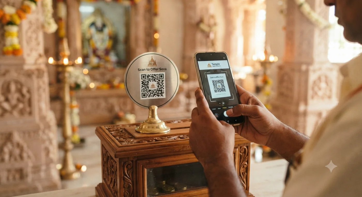 Devotee making a contribution via Temple QR Donation and Temple Digital Donation.