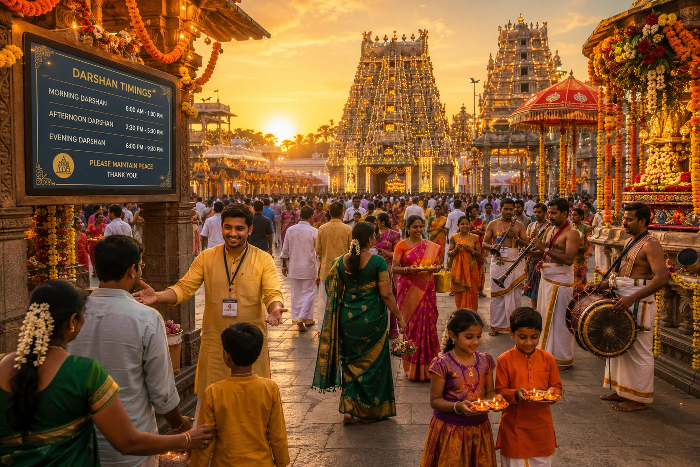 Devotees and volunteers during an organized temple festival darshan